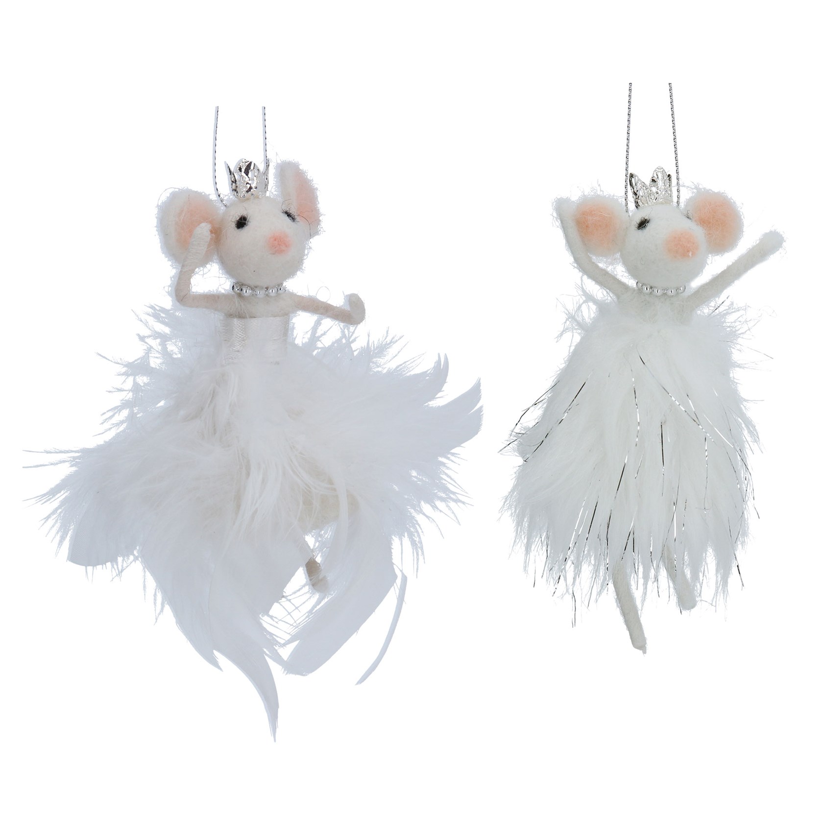 Set of 2 white wool and feather mice hanging Christmas decoration. By Gisela Graham. The perfect festive addition to your home.